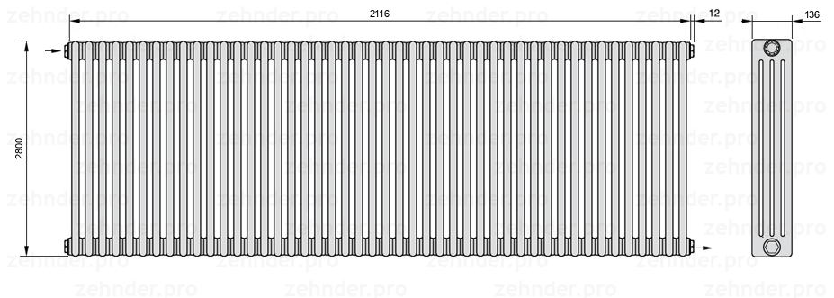 Схема (чертеж) Радиатор Zehnder Charleston 4280/46 №1670 Белый глянцевый RAL 9016